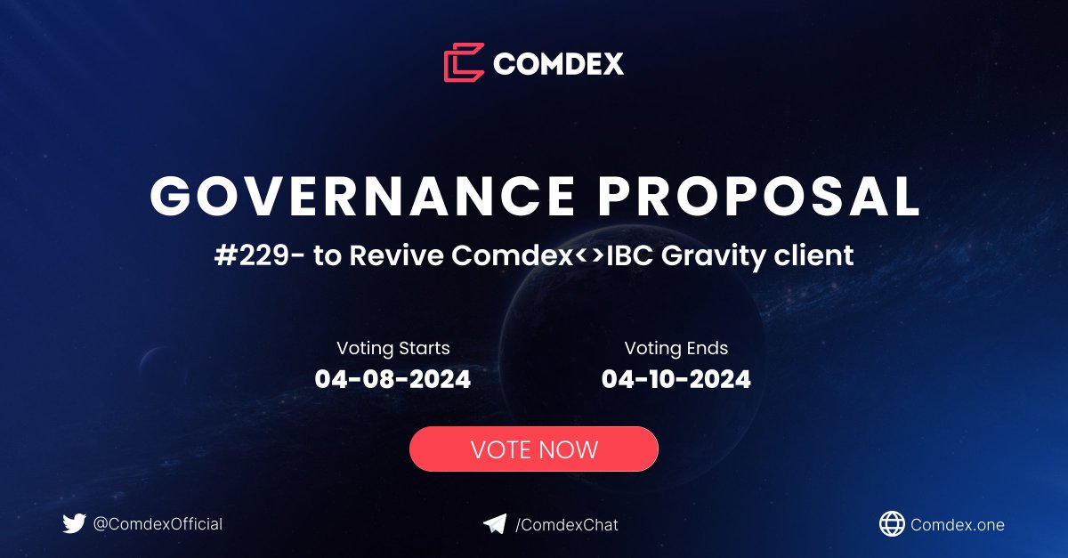 BM, Comdex proposal to revive Comdex<>IBC Gravity client just dropped. Vote Now: ▶️ app.commodo.one/govern/229 ▶️ app.cswap.one/governview/?id…