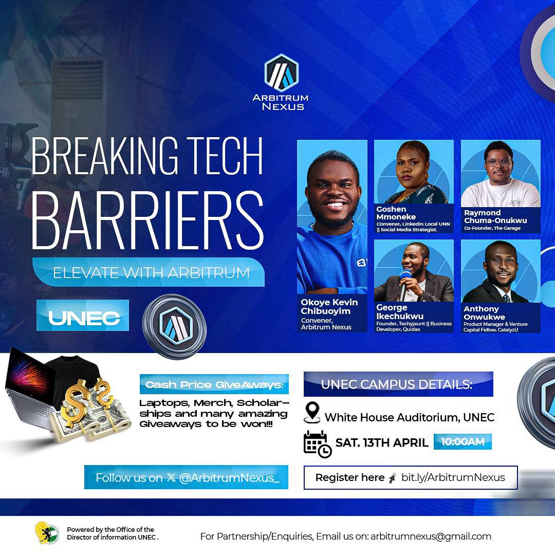 Techyjaunt's CEO to speak at #Arbitrum Nexus event Titled

Breaking Tech Barriers⚡

Unec Campus(Enugu) is Next, Saturday, 13th April!🗓️

Click the link below to find out how to register:

bit.ly/3xtJvWA 

#tech #techskills #techjobs