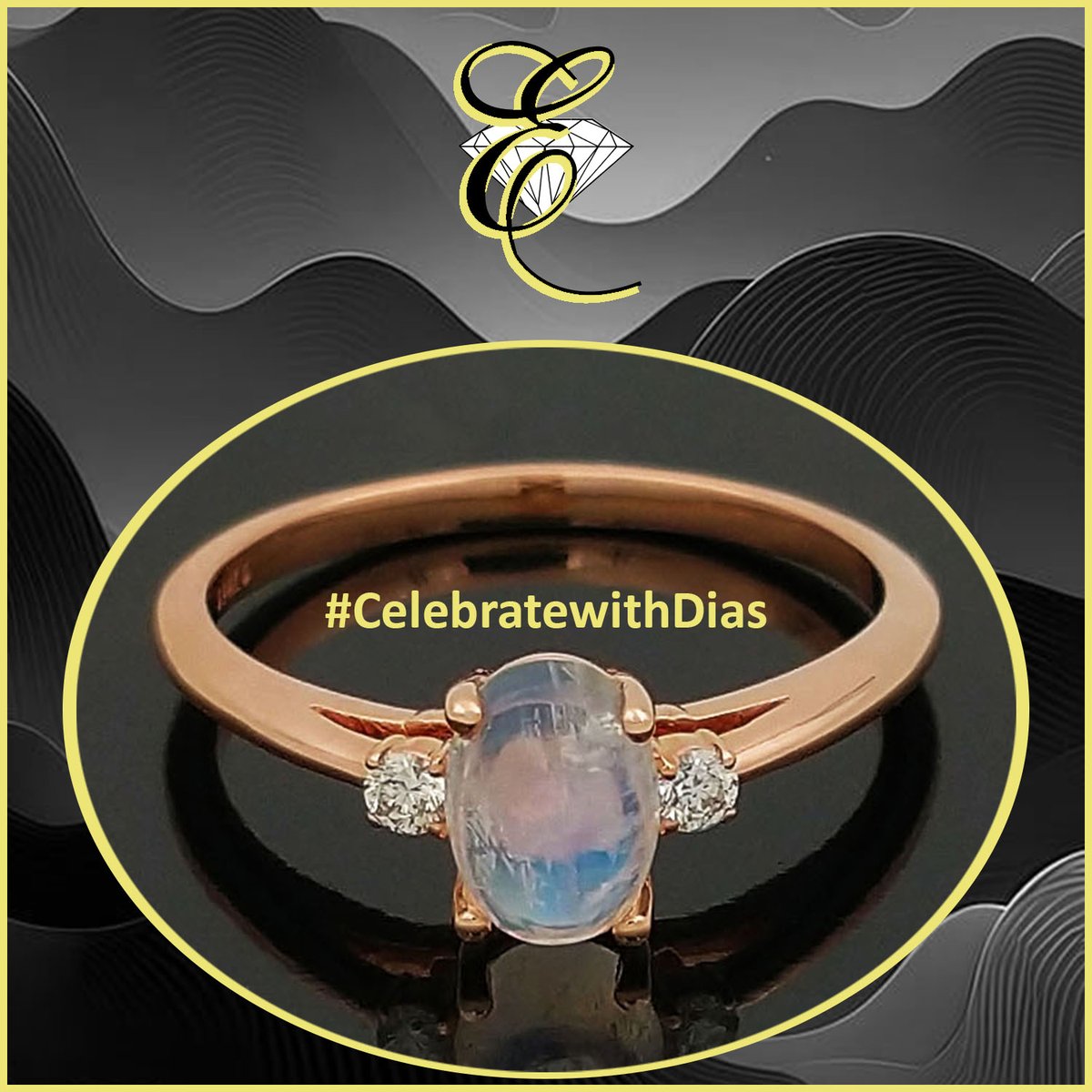 14K rose gold Ring with an oval cabochon natural Rainbow Moonstone and 2 round brilliant-cut natural Diamonds, finger size 7. $850. eichhornjewelry.com #start2sparkle #alwaysthinkDIAMONDS #eichhornglow #1diamondatatime #CelebratewithDias #ColorWithYourDias