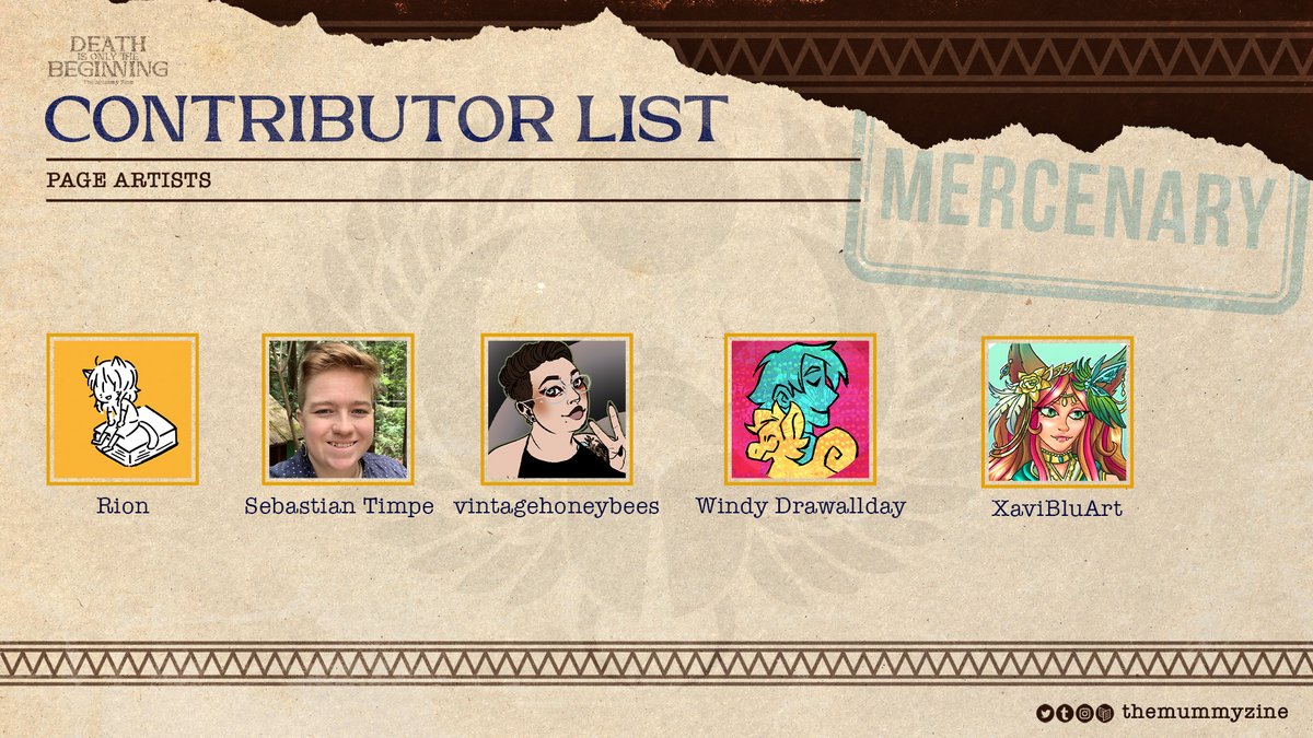themummyzine's tweet photo. Introducing our amazing artists! (Part 3)
Rion 🌟 Sebastian Timpe 🌟 @a_vintage_bee 🌟 @hugmoonin 🌟 @XaviBluArt https://t.co/ODrCptcgRd