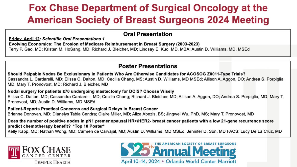 We are excited to have such a great showing at the upcoming 25th @ASBrS Annual Meeting from @FoxChaseCancer and @TempleSurgery! 👏🎉