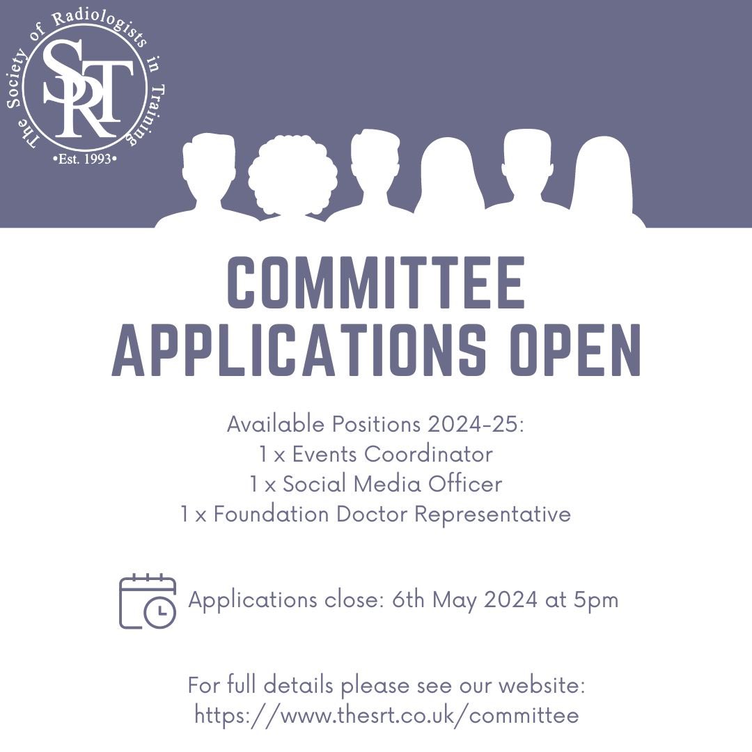📢🌟 SRT Committee applications 2024-2025 are OPEN! We are recruiting: -Events Coordinator -Social Media Officer -Foundation Doctor Representative Be part of our enthusiastic team and help organize the SRT annual conference and educational events! 🔗tinyurl.com/SRTCommitteeAp…