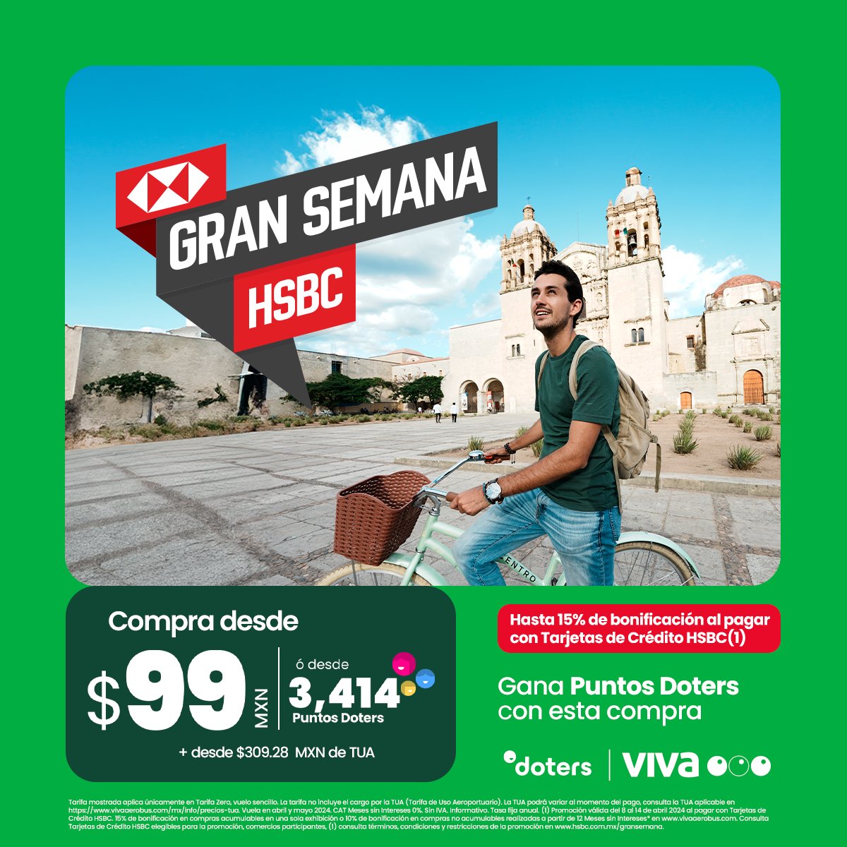 ¡Ya está aquí! 😎 En la gran semana HSBC, reserva tu vuelo desde $99 MXN + $309.28 MXN de TUA y obtén una bonificación de hasta el 15% pagando con tu tarjeta de crédito HSBC. ✈️🧳 ¡Pícale! bit.ly/460EFvT