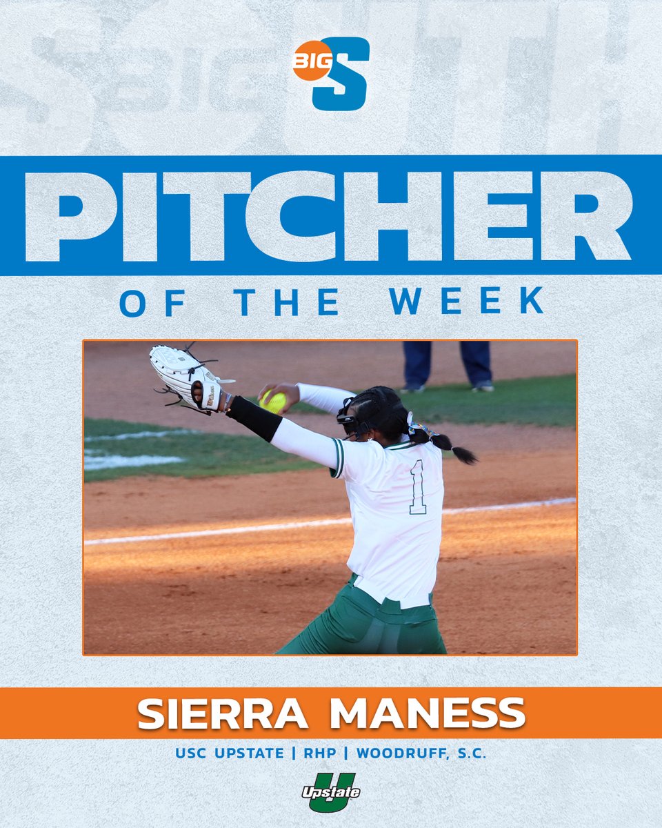She was 2-0 with a 1.00 ERA, two complete games, no walks and eight strikeouts across 14.0 innings in Upstate's series sweep over Longwood! 🙌

<a href="/UpstateSoftball/">USC Upstate Softball</a>'s Sierra Maness is the #BigSouthSB Pitcher of the Week!