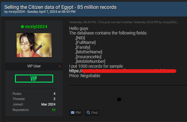 #DataBreach Alert ⚠️ 🇪🇬#Egypt: 85 million records of Egyptian citizens allegedly for sale A threat actor claims to be selling a database containing 85 million records of Egyptian citizens on a hacking forum. According to the post, the database contains data such as NID, full…