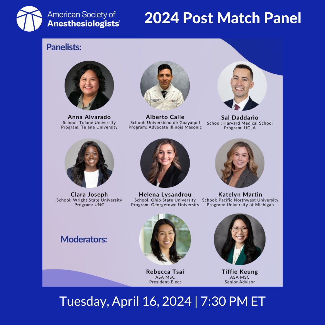 Medical students interested in #anesthesiology: Get a head start for #Match2025! Join ASA's Medical Student Governing Council for a post-match panel to learn from real-world experiences as you consider next year's application. ow.ly/MsxW50Ralnc #MatchDay #MedTwitter