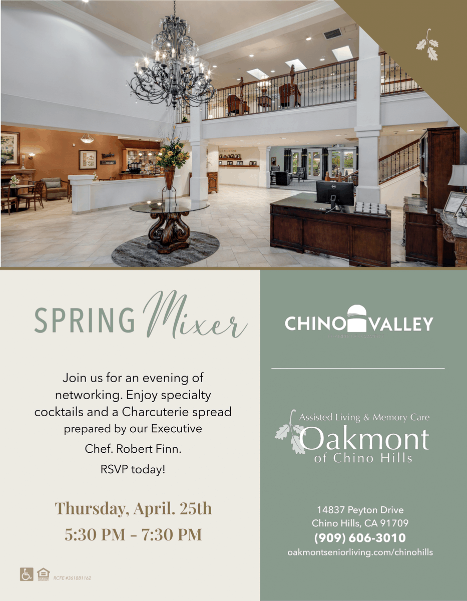 Join us for a Spring Mixer @ Oakmont Senior Living! 🌷🌳 Learn more about their facility and programming for seniors! #cvcc #chinovalleychamber #businessmixers #oakmontseniorliving #spring