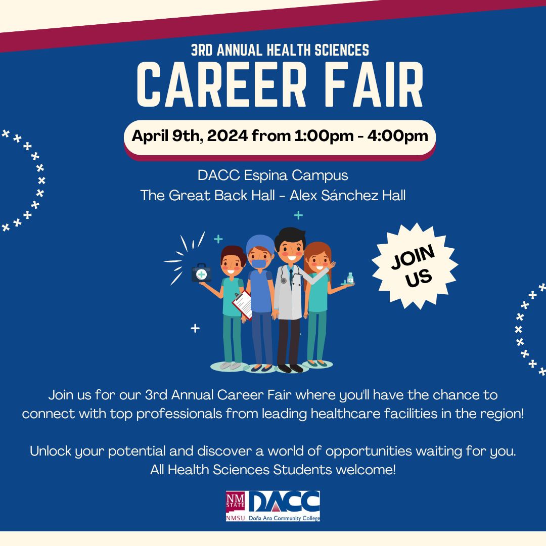 The DACC Health Sciences Division invites you to join us for our 3rd Annual Career Fair, April 9, from 1 PM - 4 PM, Espina Campus (3400 S Espina St), The Back Hall - DASH. Connect with leading healthcare professionals in our region. #UnlockYourPotential #WeAreDACC