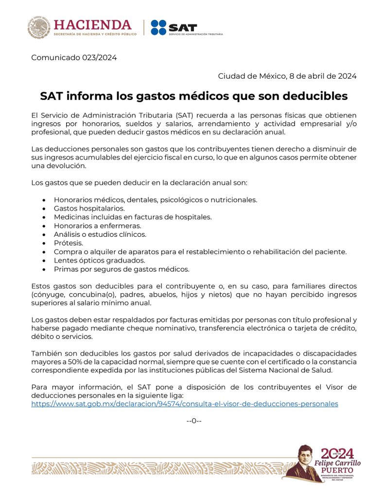 #ComunicadoSAT El SAT recuerda los gastos médicos que se pueden deducir en la Declaración Anual 2023 de personas físicas. Para más información, ingresa al Visor de deducciones personales en la siguiente liga: sat.gob.mx/declaracion/94… #Declara2023