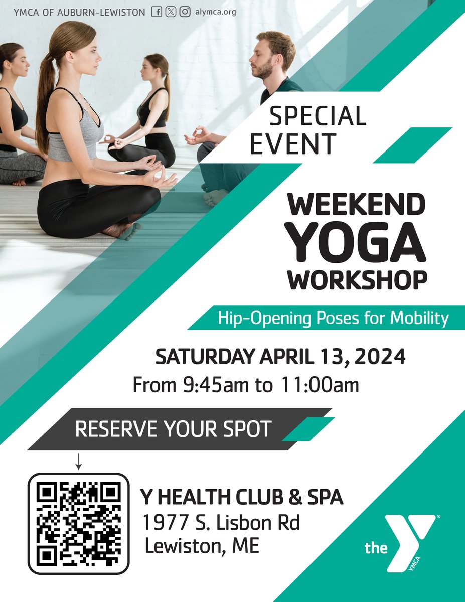 🧘 Looking for some flexibility this weekend? Check out our upcoming Yoga Workshop Sat Apr 13 at 9:45am.  Reserve your spot today ➡️ bit.ly/3U5xgYY #auburnmaine #lewistonmaine #maineyoga #ymca