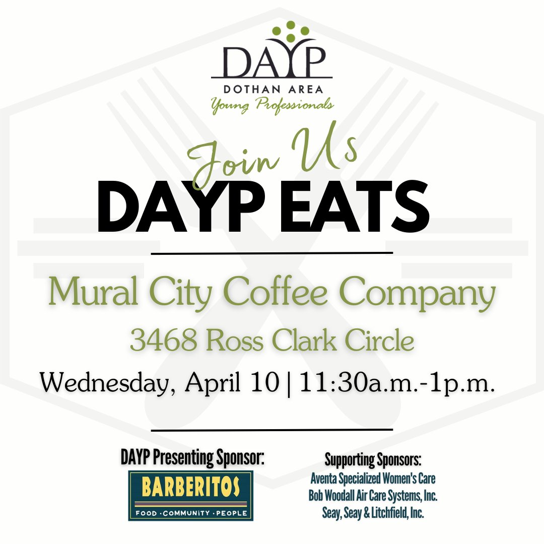 Join #DothanAreaYoungProfessionals for DAYP EATS, this Wednesday at #MuralCityCoffeeCompany. See you there! 

#DAYPEATS #DiscoverDothan #YoungProfessionals #CoffeeLovers