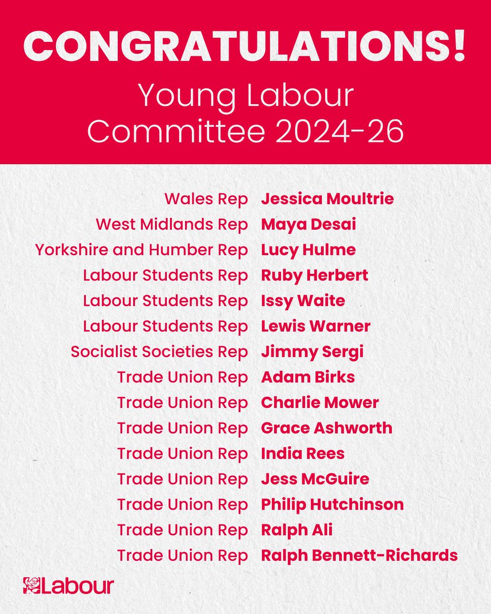 The results are out! Congratulations to the newly elected Young Labour Committee for 2024/26!🌹