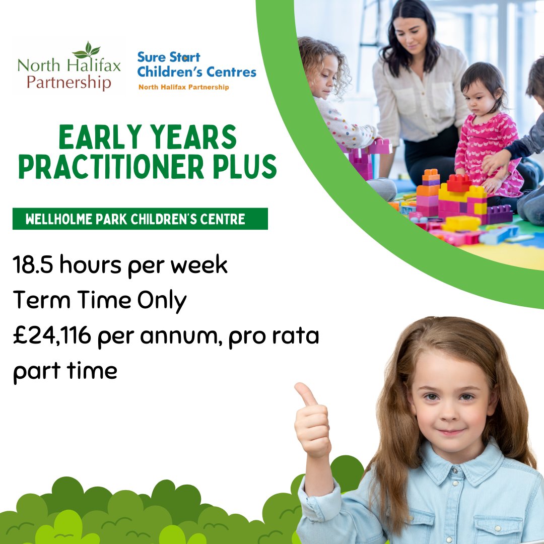 There is the opportunity to join the team as an Early Years Practitioner Plus! There are many benefits to working for us: 💺Generous Hols 🎓Training 🧠Mindful Employer 💰Company Pension Pop to our website for more information and to apply today: northhalifaxpartnership.org/work-with-us/