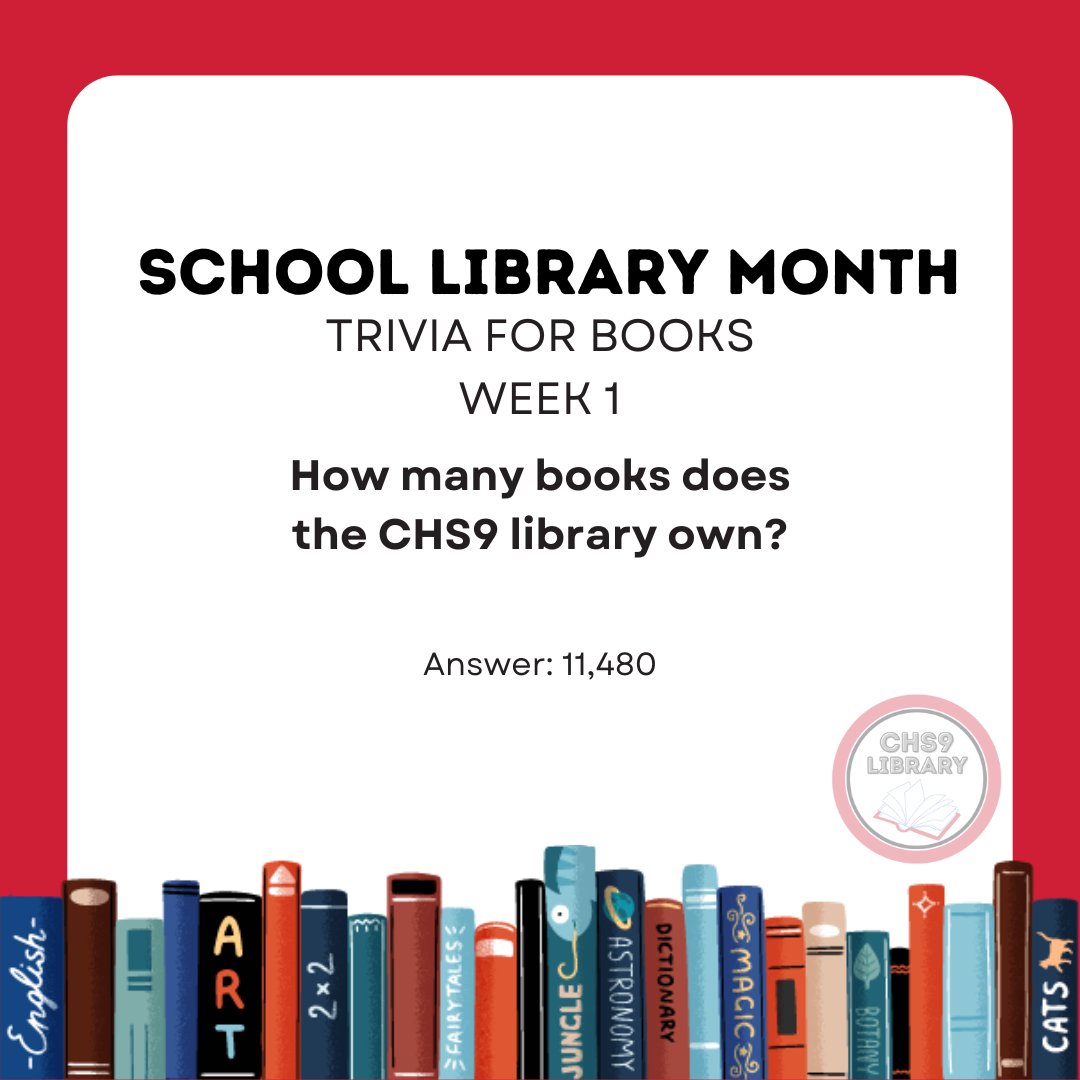 Our winner for Week 1 of School Library Month Trivia for Books guessed that we have 11,142 in the CHS9 Library! We have 11,480 print books. That's not counting all of our eBooks and audiobooks! Thanks for entering! #CHS9Reads @CISDlib