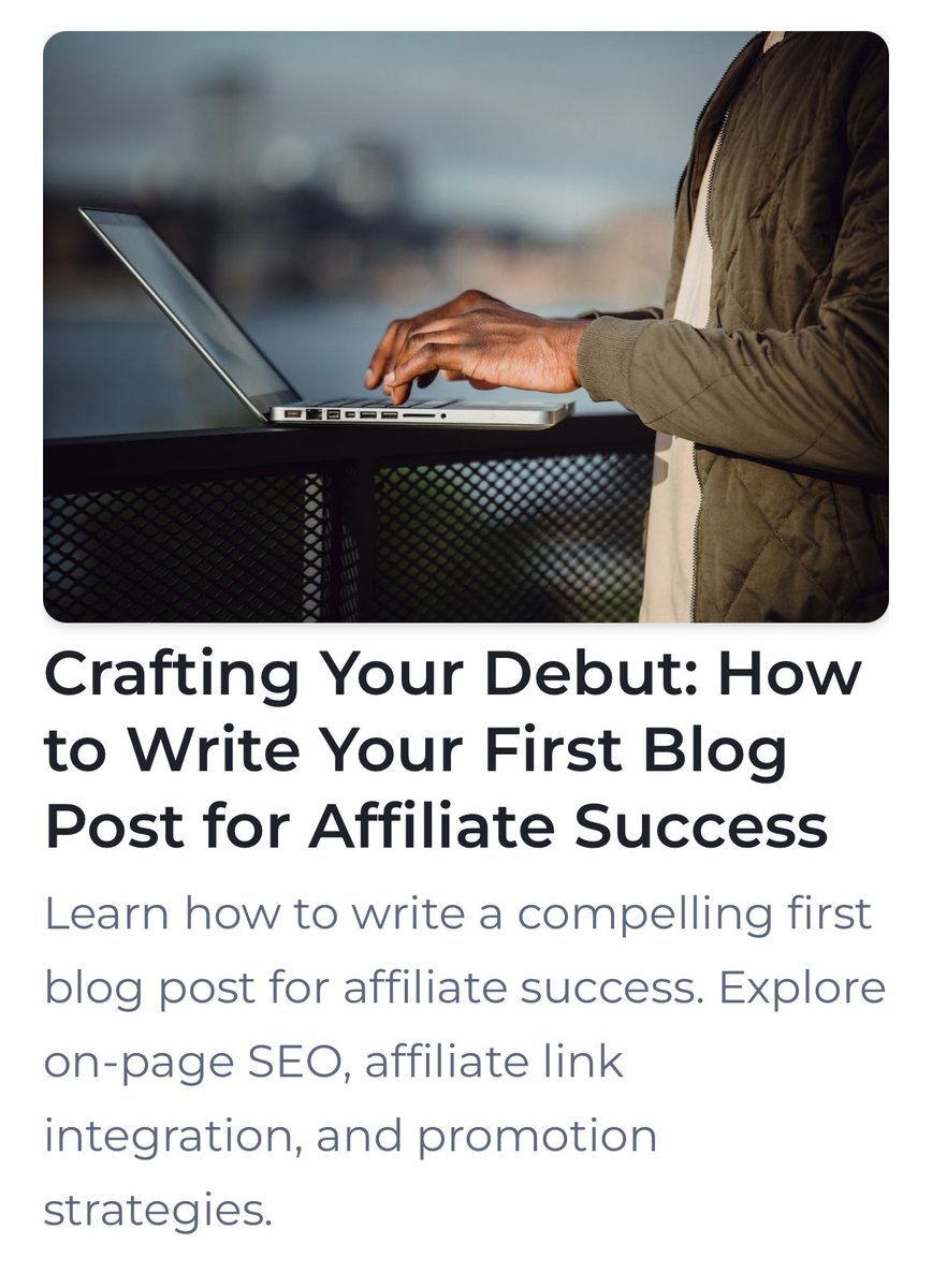 Crafting Your Debut: How to Write Your First Blog Post for #AffiliateSuccess 

Learn how to write a compelling first blog post for affiliate success. Explore on-page #SEO, affiliate link integration, and promotion strategies.

🔗 thenewbieaffiliate.com/crafting-your-…

#affiliatemarketingblog