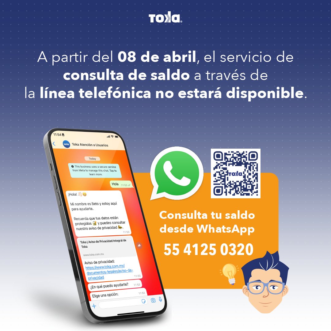 Toka_mx's tweet photo. ¡Ahora consultar tu saldo es más fácil! Envía un mensaje a nuestro WhatsApp al número 55 4125 0320 y obtén información sobre tu saldo en muy poco tiempo. 📱💰
¡Simplifica tu vida financiera con Toka! 💳✨
#ConsultarSaldo #WhatsApp #Toka #SimplificaTuVida https://t.co/HJmwaidcr0