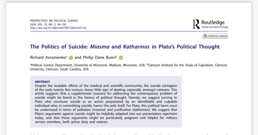 My article with Richard Avramenko on The Politics of Suicide: Miasma and Katharmos in Plato’s Political Thought is now live at Perspectives on Political Science! I’ll place the link below, and please let me know if you don’t have access.