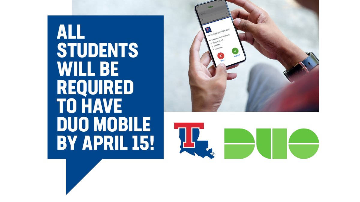 🚨 ATTENTION 🚨

ALL students who will be attending Fall 2024 or beyond are required to download Duo Mobile as part of our transition to Workday Student.

Without Duo Mobile, you will not be able to register for classes in May.

DOWNLOAD: helpdesk.latech.edu/kb/mfa/setup-m…