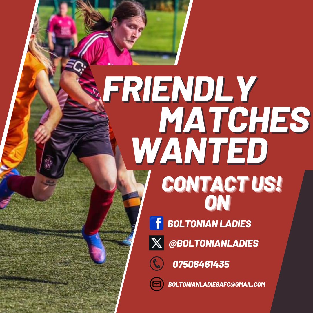 As we come close to the end of the season, the ladies are looking to pencil in some friendlies ahead of next season. @77yogi77 @LancashireFA @GMWFL2011 @CheshireWYFL @BOLTONFMSPORT @WoSo_Friendlies @FRIENDLYGAMEUK @NorthWomens