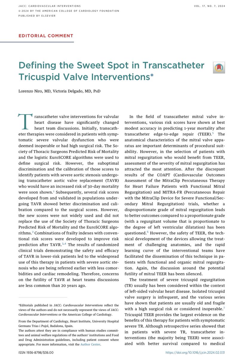 Defining the Sweet Spot in Transcatheter Tricuspid Valve Interventions 🎯🎯🎯 Take a look at the Editorial comment on @JACCJournals with the master @VDelgadoGarcia sciencedirect.com/science/articl…