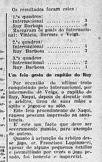 08/04/1928
Inter 3x0 Ruy Barbosa
Campeonato Municipal
O Ruy Barbosa abusou da violência. Ribeiro perdeu um dente, em choque com Chico Tatú, e Ross abandonou a partida antes do final, lesionado. Naqui, depois de discutir com o árbitro, tomou o apito de suas mãos e jogou no chão