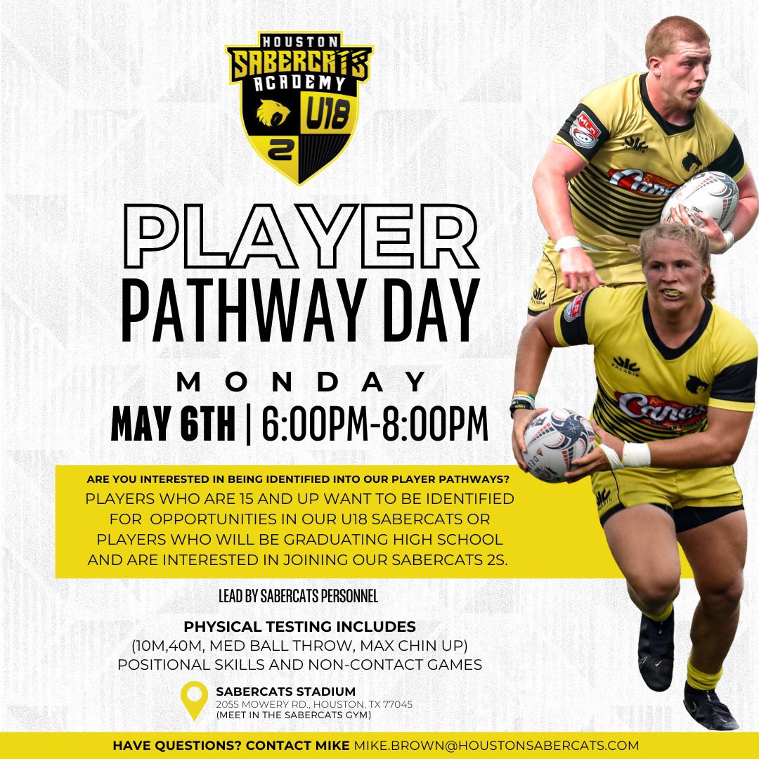🌟 Join us for our SaberCats Player Pathway Day led by our exceptional SaberCats coaches and players 💪 🗓️ May 6, 2024 🎟️ FREE to attend ✍️ Sign up required - link in bio 📲 Share with a rugby player you know who is 15 years old or older! Go ‘Cats! 🤘 #MLR2024 #SaberCatsRugby…