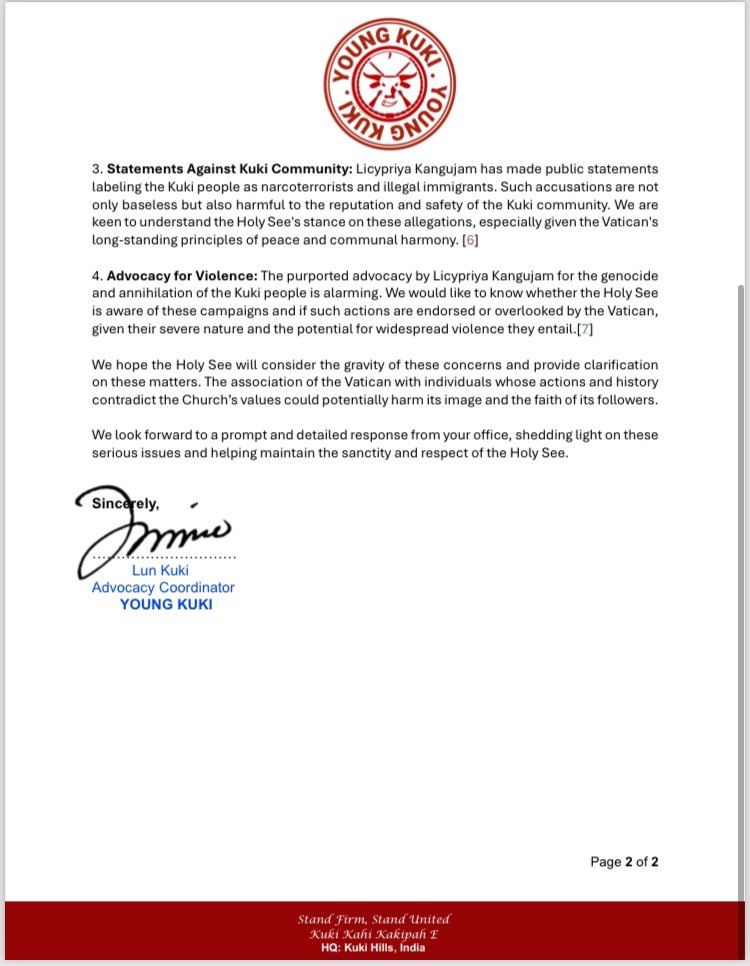Young Kuki seeks clarity from the Holy See on recent claims by Licipriya Kangujam that she has been appointed by holiness Pope Francis to select candidates for an unspecified program related to the Holy See.
<a href="/Pontifex/">Pope Leo XIV</a> <a href="/VaticanNews/">Vatican News</a> <a href="/catholic_india/">CatholicIndia</a> <a href="/afridahussai/">Afrida Hussain</a>