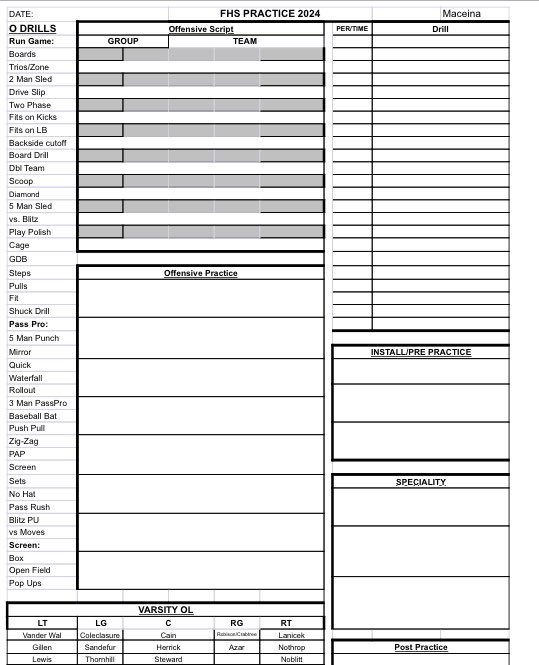 Got this idea when I was a GA. It’s my OL practice plan. Everything together: practice plan, script, install, depth chart and most importantly listing of drills! Helps me plan the next day and if I ever have a few extra minutes I can grab a drill. DM if you want a copy #ALFBCHAT