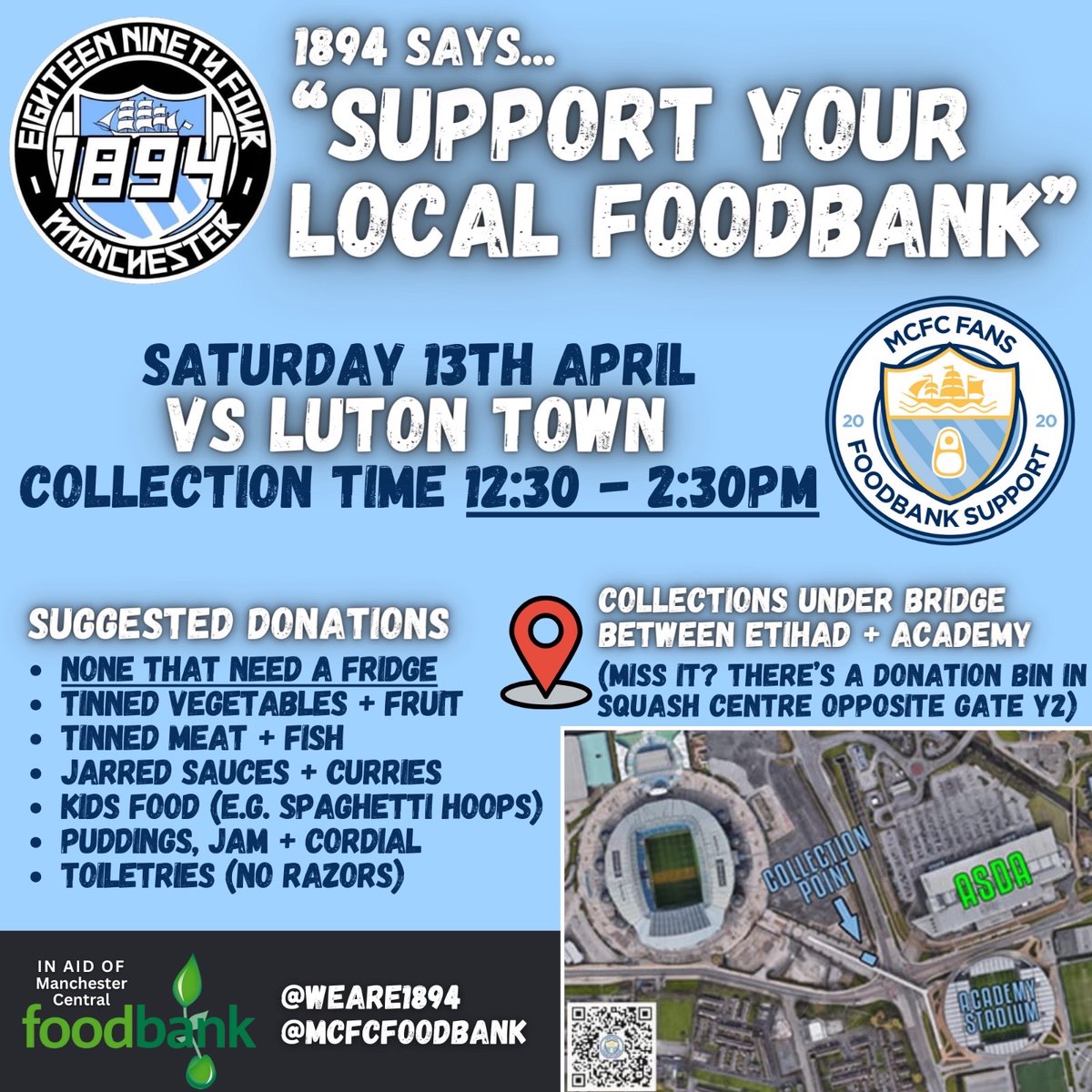 We wanted to say a big thanks to @MCFCfoodbank for sticking up for City fans & speaking out on various issues. We’re asking fans to bring items on Saturday- Foodbank awareness day. Please spread the word people need their help all year round.
