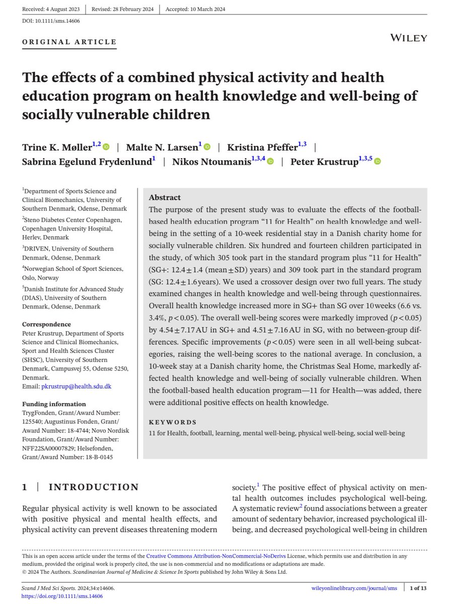 New article out: Møller TK, Larsen MN, Pfeffer K, Frydenlund SE, Ntoumanis N, Krustrup P. The effects of a combined physical activity and health education program on health knowledge and well-being of socially vulnerable children. Scand J Med Sci Sports. 2024, 34(4):e14606.