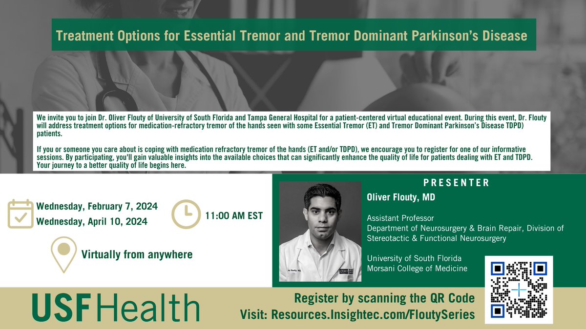 Speaking of our awesome Functional Neurosurgery team, join Dr. Oliver Flouty for the second session in his virtual patient-centered series, “Treatment Options for Essential Tremor and Tremor Dominant Parkinson’s Disease.” Visit resources.insightec.com/FloutySeries to learn more & register!