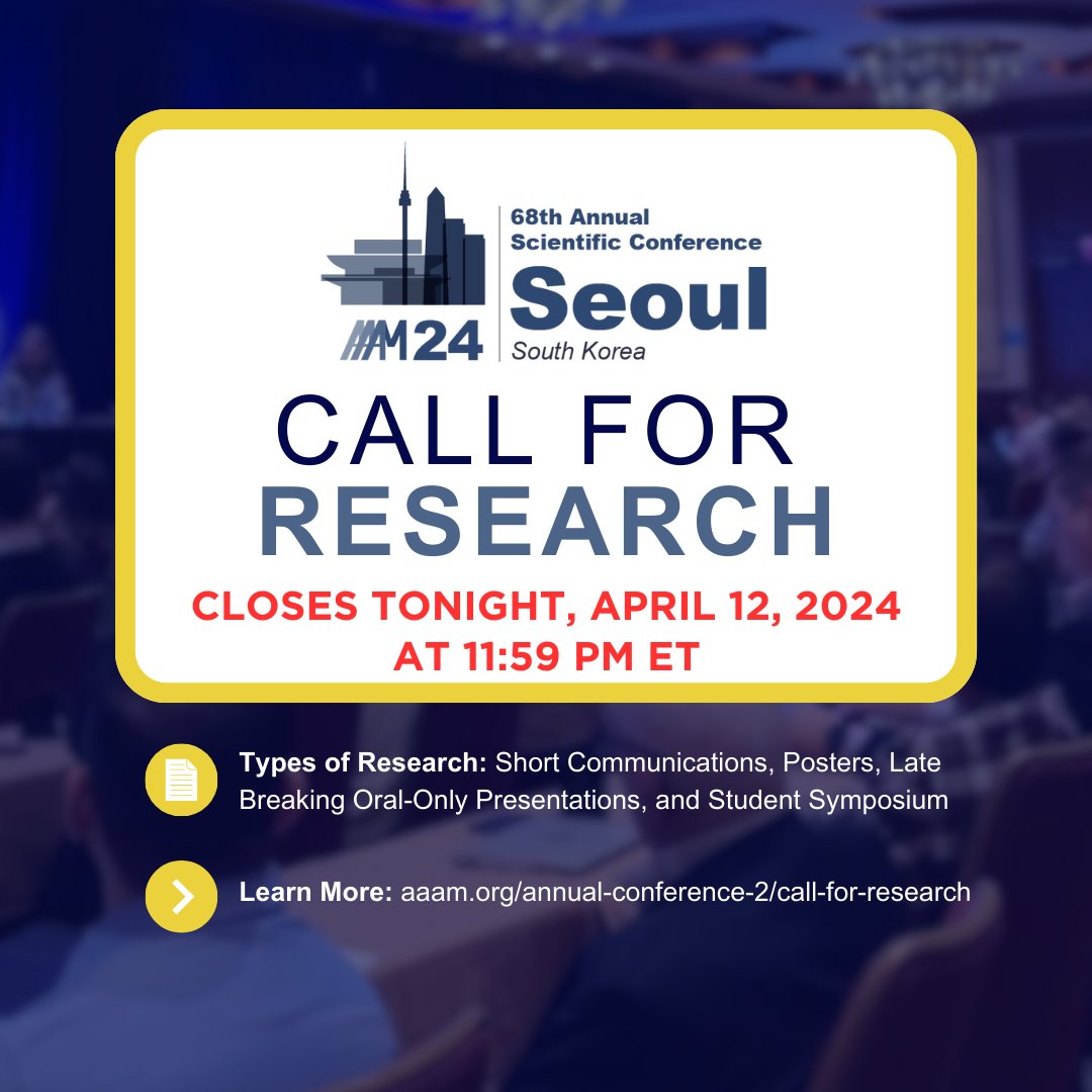 📢 #AAAM FINAL Call for Research! If you're tackling road safety, it's your time to submit your work for review TONIGHT, Friday, April 12, 2024 by 11:59 PM ET. More info 🔗 aaam.org/annual-confere…

 #RoadSafety #CallForResearch