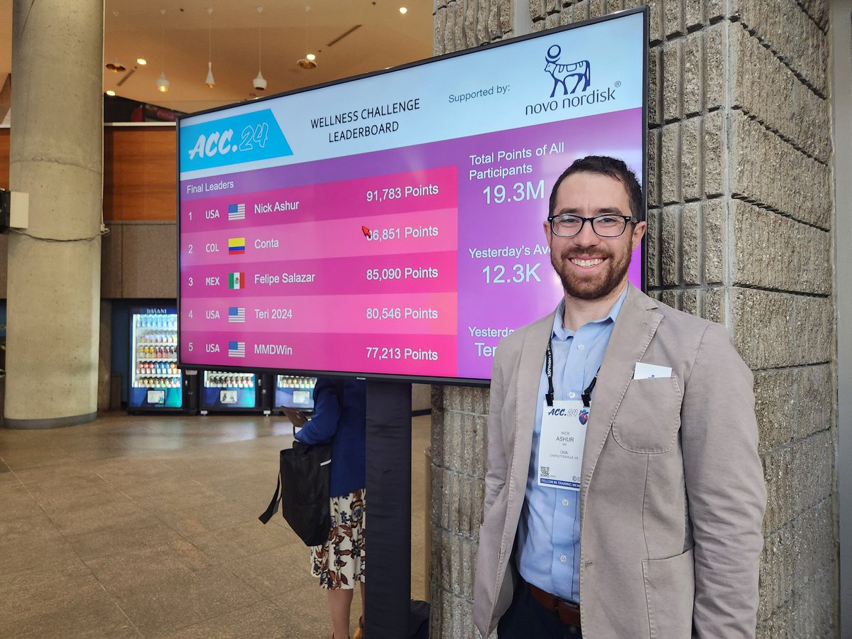 Just a bunch of @UVACardsFellows making up for their #ACCFIT Jeopardy loss by finishing at the top of the #ACC24 @CardioSmart #wellness challenge leaderboard, lead by the determined @Nick_Ashur! @JonathanPanMD @SamiIbrahimMD @CardioUva @VSoukoulis @PRodriguezMD