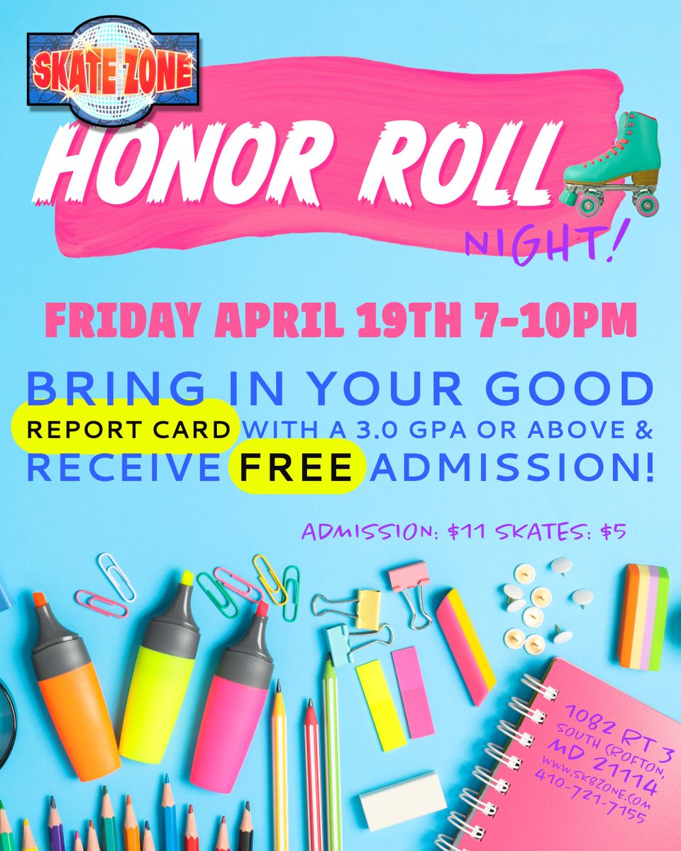 📚 Good report card = FREE admission! 📝

Join us next Friday with your report cards and receive free admission! 🤩 Skate rentals are $5 🛼

#skatezonecrofton #honorroll #honorrollnight #rollerskate #familyfun #annearundelcounty