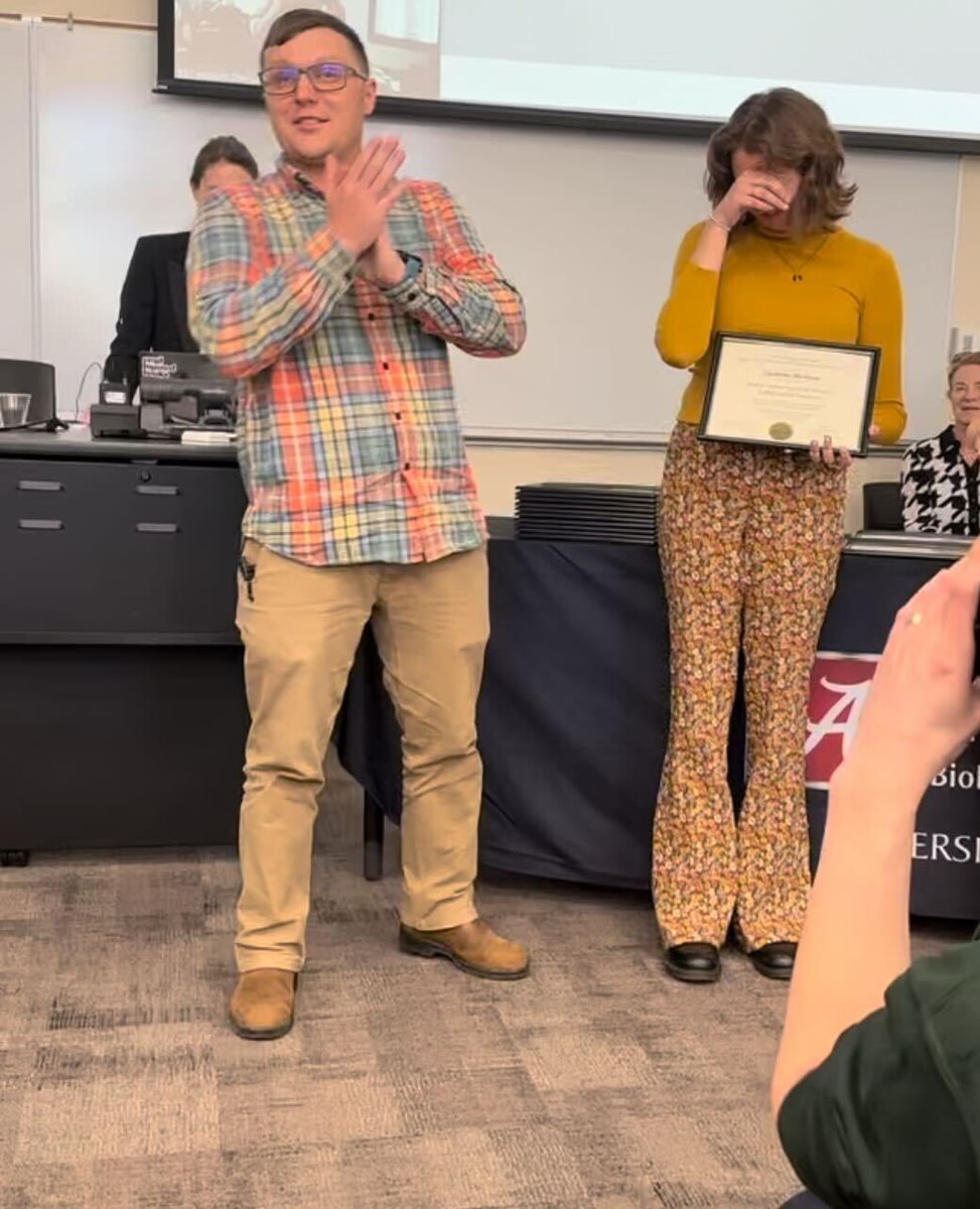 Two takeaways from this photo: 

1) Our #students are awesome! @morejon_jasmine  won an award that is supporting her MS research this summer!

2) Apparently I embarrass my students regularly. (Note, I hadn't even started talking when this photo was taken!)