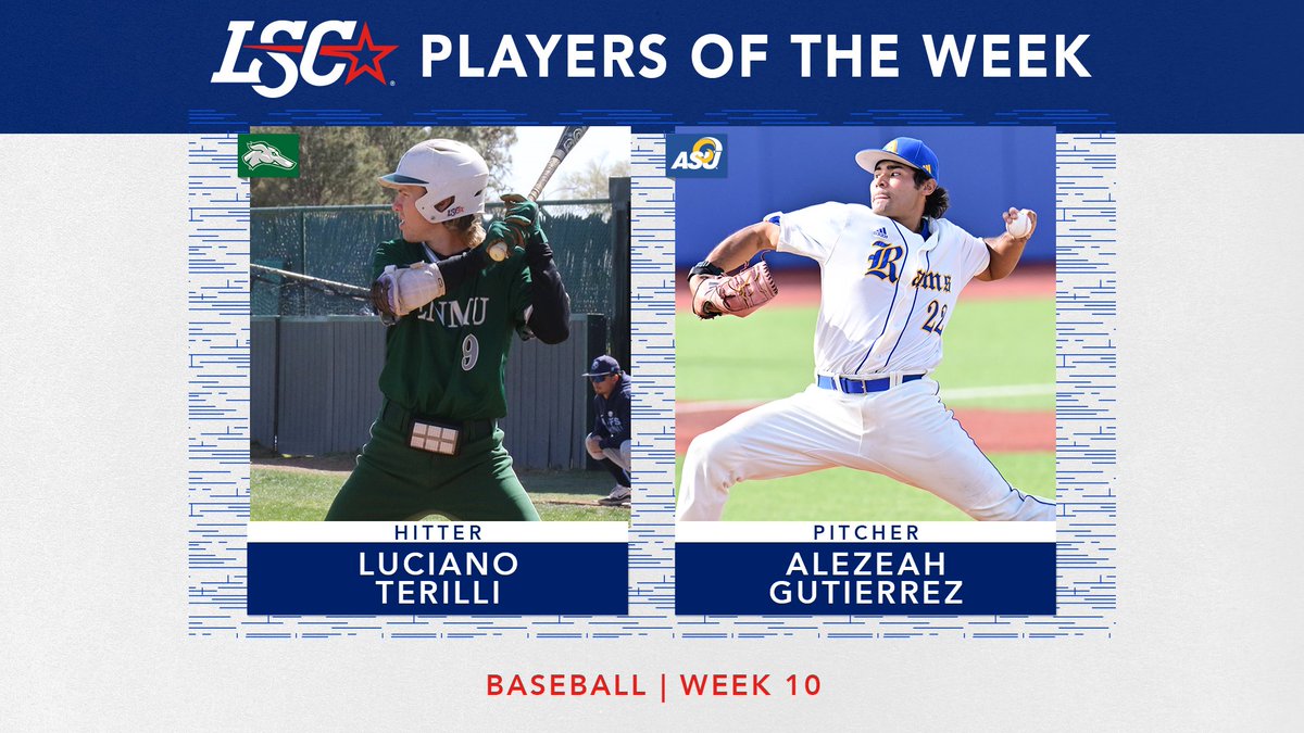 #LSCbase Players of the Week ⚾️     

Hitter: Luciano Terilli, @ENMUAthletics 

Pitcher:  Alezeah Gutierrez, @angeloathletics (2)

🔗 bit.ly/3VQ8ywP

#D2bsb