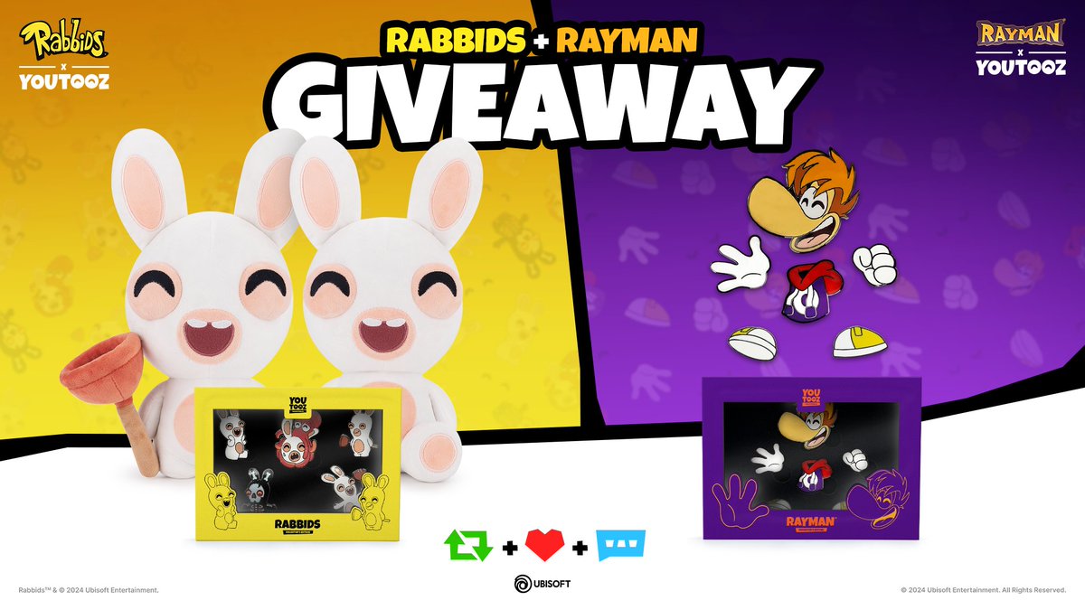 boh!! raving rabbids collection giveaway 🪠 to enter 👇 🔁 for plunger plush 💟 for sitting plush 📝 comment RABBIDTOOZ for the pin sets 3 winners for each youtooz announced friday WOO HOO