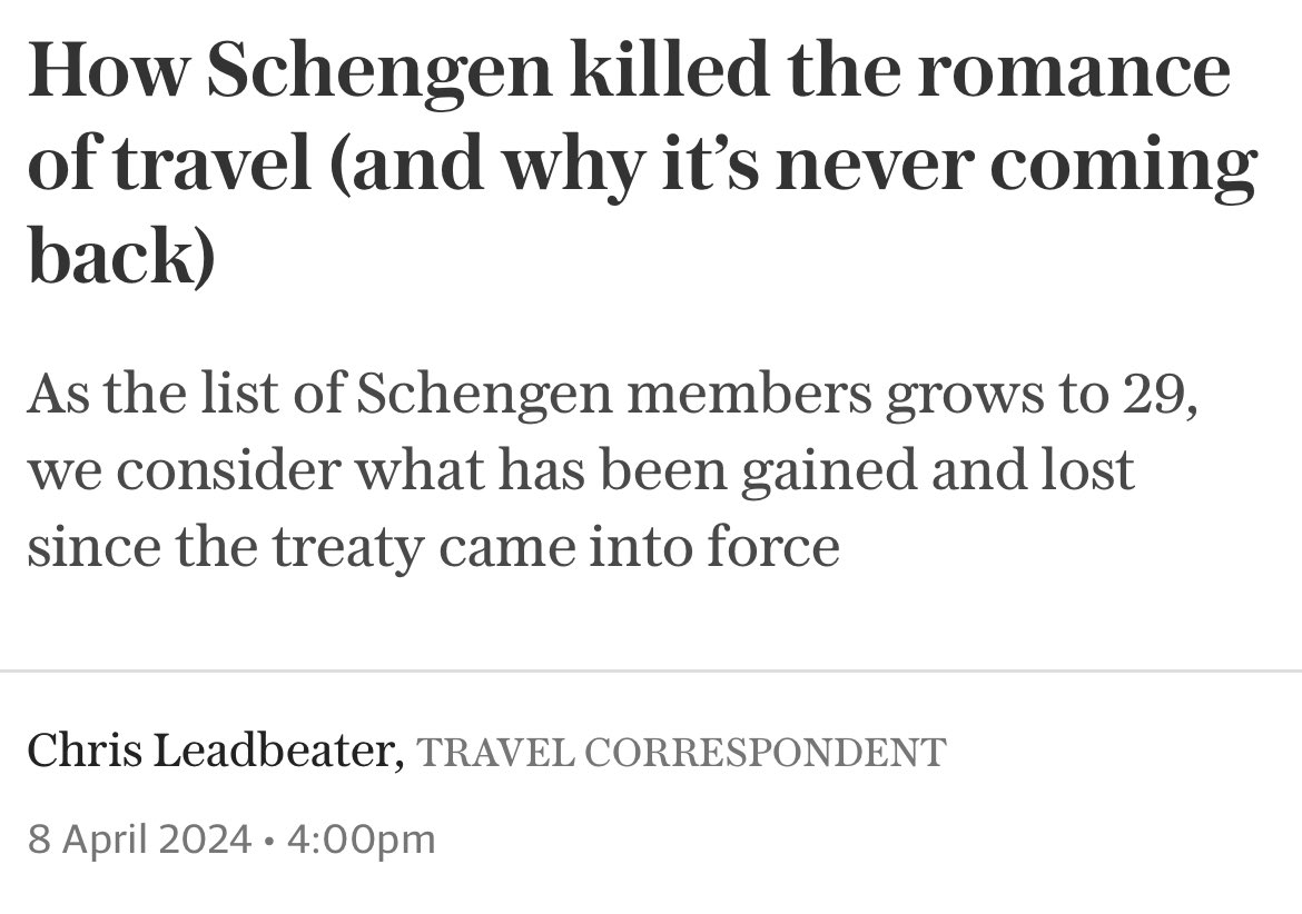 Latest from the Telegraph: Schengen killed the romance of having to queue at borders across Europe and show your passport. Coming soon: Modern plumbing killed the romance of dysentery.