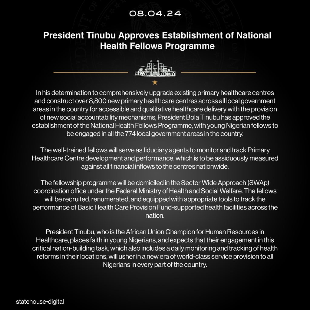 President Tinubu Approves Establishment of National Health Fellows Programme