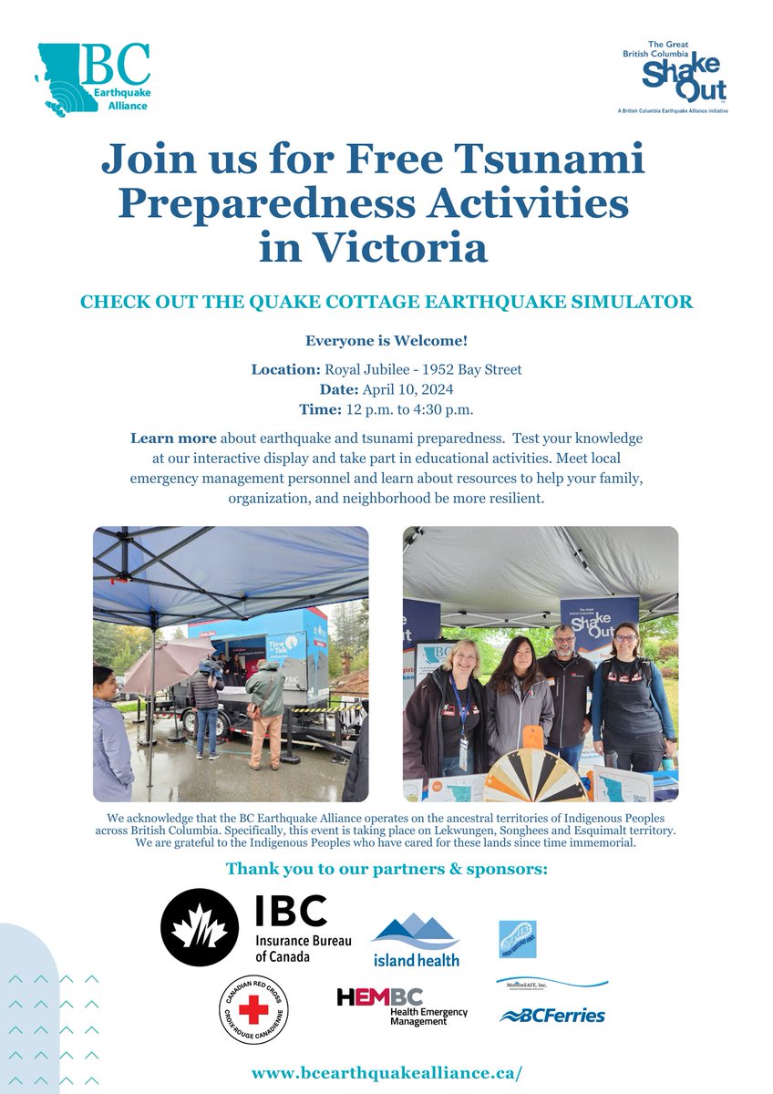 We are kicking off the #EarthquakePreparednessTour at the Royal Jubilee Hospital Victoria on April 10 at 12pm-4:30pm! It's a free interactive event for the public to come by and learn about about earthquake and tsunami preparedness. We look forward to seeing you there!