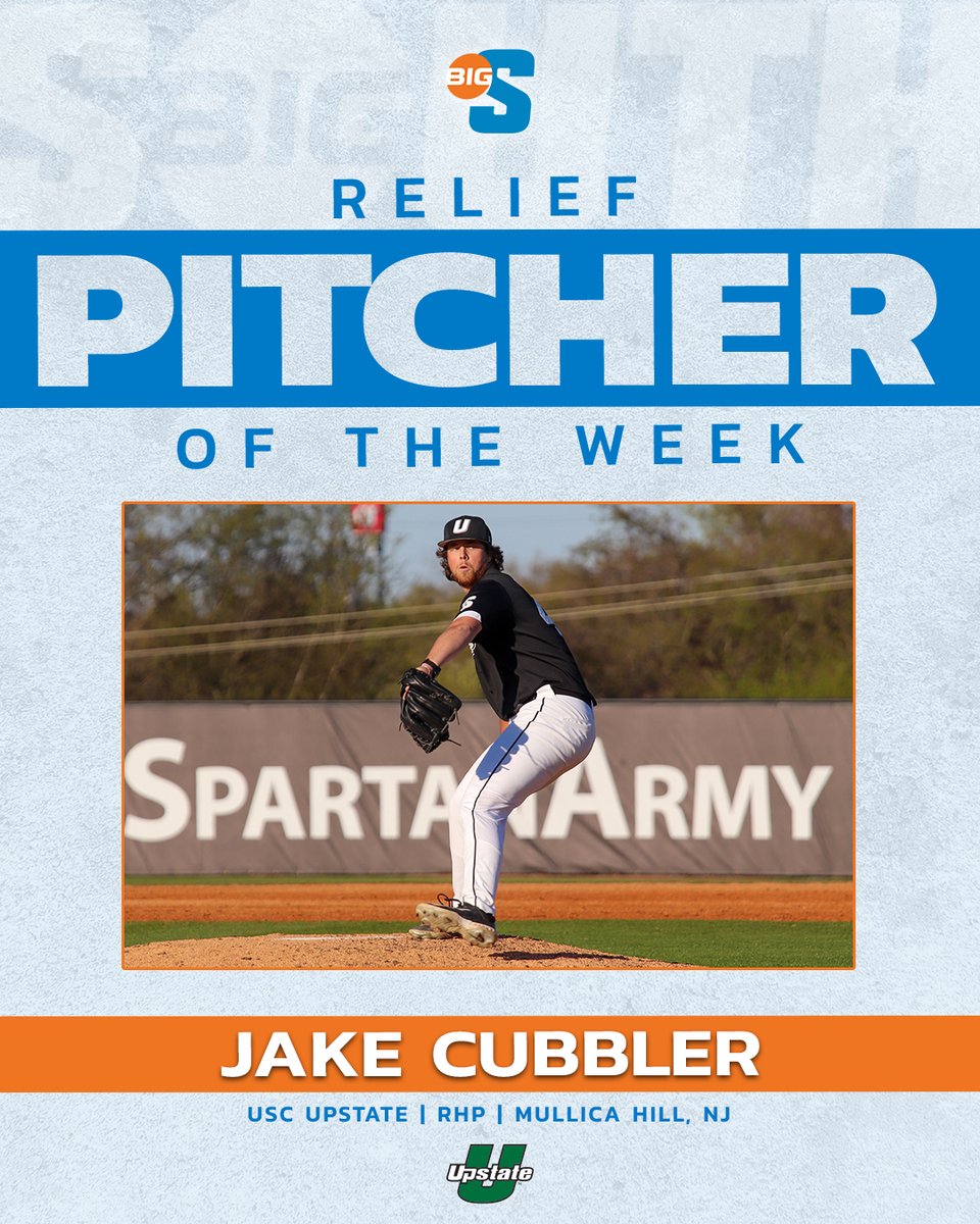 He struck out 5⃣ and allowed just one hit in 3.0 innings to earn the save Friday night against Winthrop 💪 @UpstateBSB's Jake Cubbler is the #BigSouthBase Relief Pitcher of the Week!