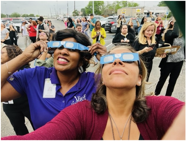 The clouds moved just enough for us to witness the Solar Eclipse. Thank you to the Alief ISD Science department leaders for the awesome activities and engagement for staff today at the admin building. Beautiful! #Lifelonglearners #Eclipse2024