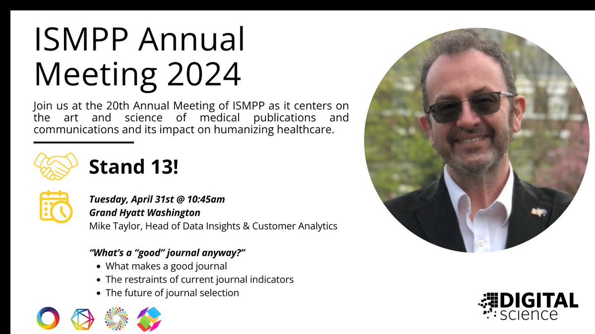 Please join us at stand 13 for the ISMPP 20th Annual Meeting! 🙌 🗓️ April 29th - May 1st 📍 Washington, DC We will also be exhibiting our solutions, which include @DSDimensions, @altmetric, @figshare, and @readcube. 🤩 Find out more: ow.ly/yw8c50RaPFT