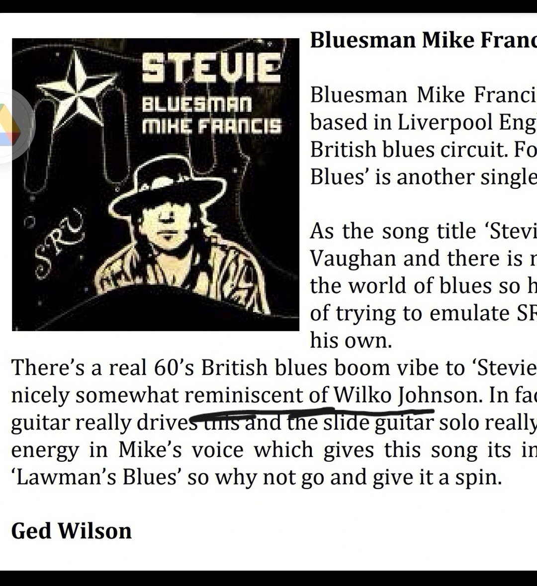 #April @BluesInTheSouth Mag review by @GedWilson1 of 'Stevie' my ode to #SRV 'Reminiscent of @WilkoJohnson “ Shared a stage with the great man @ColneBlues Fest 2016 & I'll take it! Pre save now at kycker.ffm.to/Stevie #KeepingItBlues on #Blueshour
