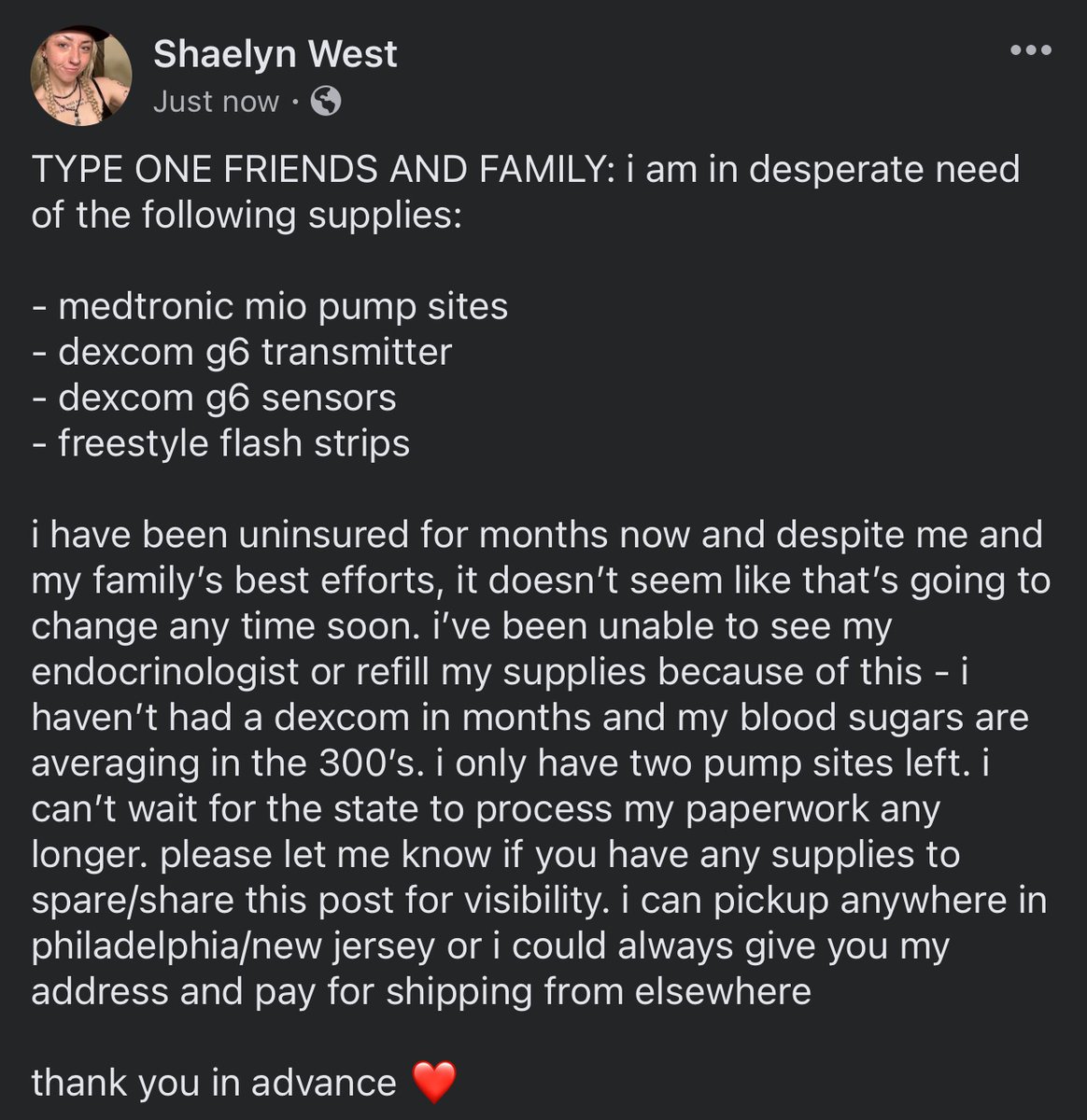 URGENT TYPE 1 DIABETES SUPPLY REQUEST!!!!!!! 

please share for visibility 🧡 thanks in advance 

#type1 #diabetes #doc #t1d
#dexcom #medtronic