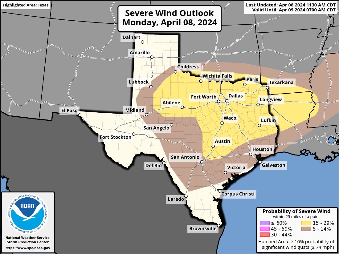 🚨The @NWSSPC has increased the Texas Severe Weather Threat Area‼️ Severe Storms Today Could Include: 🌧️Large hail 💨Damaging winds 🌪️Tornadoes 🌊Flash Flooding ✅Monitor Local Forecasts ✅Have A Plan ✅Know Your Risk Safety tips: ready.gov/severe-weather #txwx