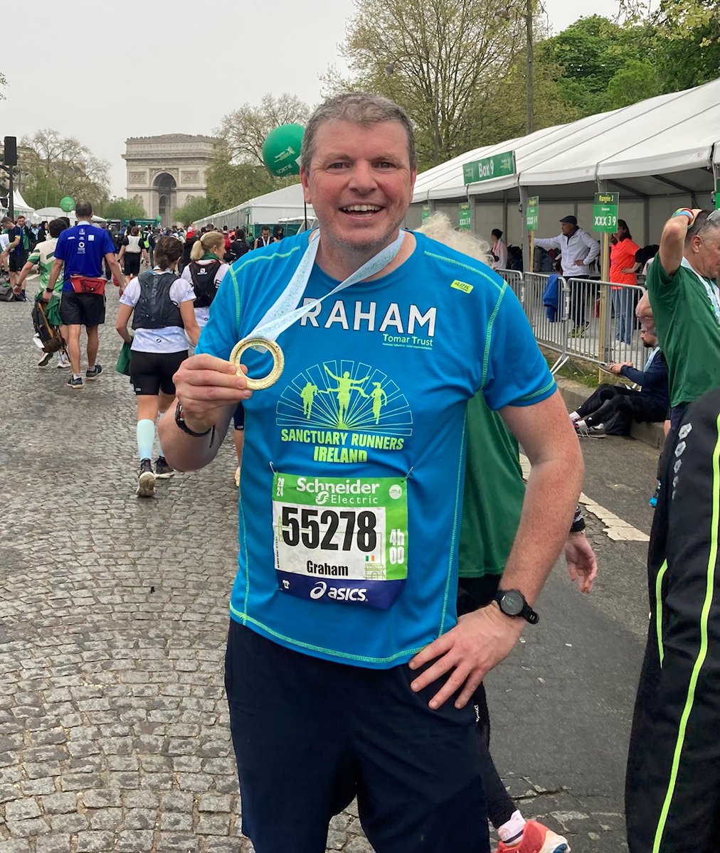 A quick thank you here from Graham! For all the sound supportive messages and donations - Delighted to wear my Sanctuary Runner blue for the Paris marathon yesterday. Next up I will join a BIG Sanctuary Runner team in October for the @dublinmarathon #Solidarité #Amitié #Respect