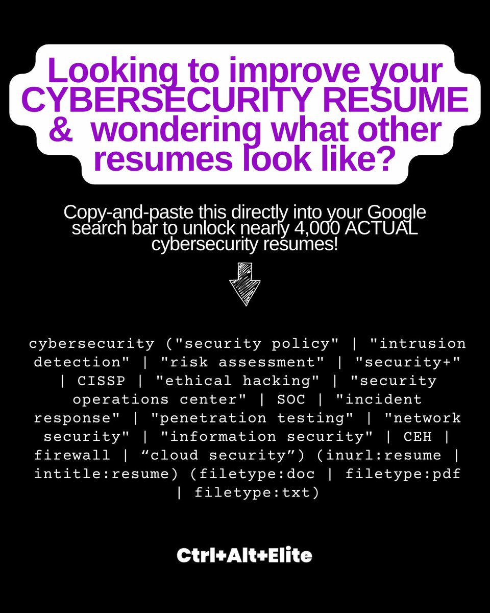 Imagine getting a behind-the-scenes look at close to 4,000 REAL RESUMES with a simple Google search (AKA: a little OSINT / Google Dorking magic ✨ ). Copy and paste the search query into Google! 
#Cybersecurity #CareerHacking #SmartSearch #BlackWomenInCybersecurity #AfroTech