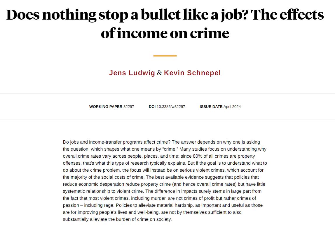 Policies to alleviate material hardship, critical for improving people’s wellbeing, aren't by themselves sufficient to also alleviate the social burden of crime, from Jens Ludwig and Kevin Schnepel nber.org/papers/w32297