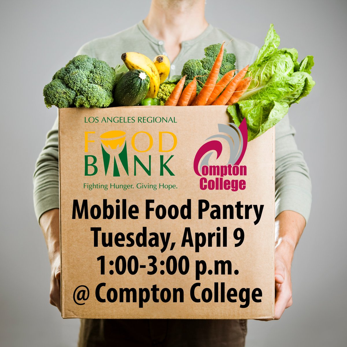 Mobile Food Pantry TOMORROW! Hosted by the @lafoodbank the Mobile Food Pantry is open to the public, enter Compton College from Greenleaf Blvd. Please share this information with your family & friends!